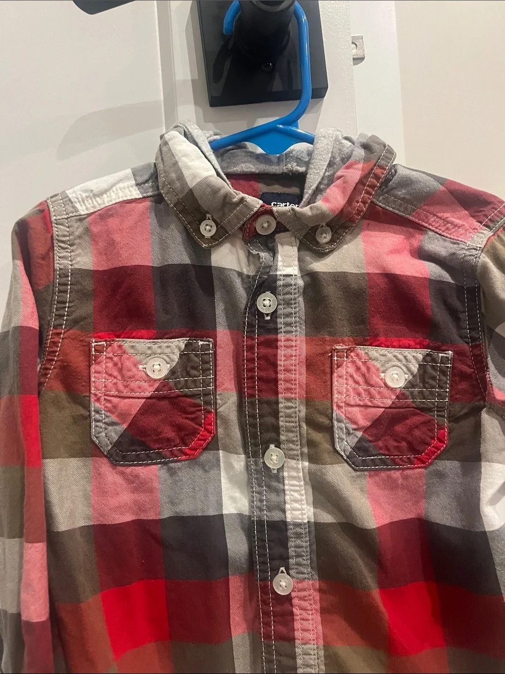 Carter's Red, Pink & Brown Plaid Hooded Button-Down Shirt